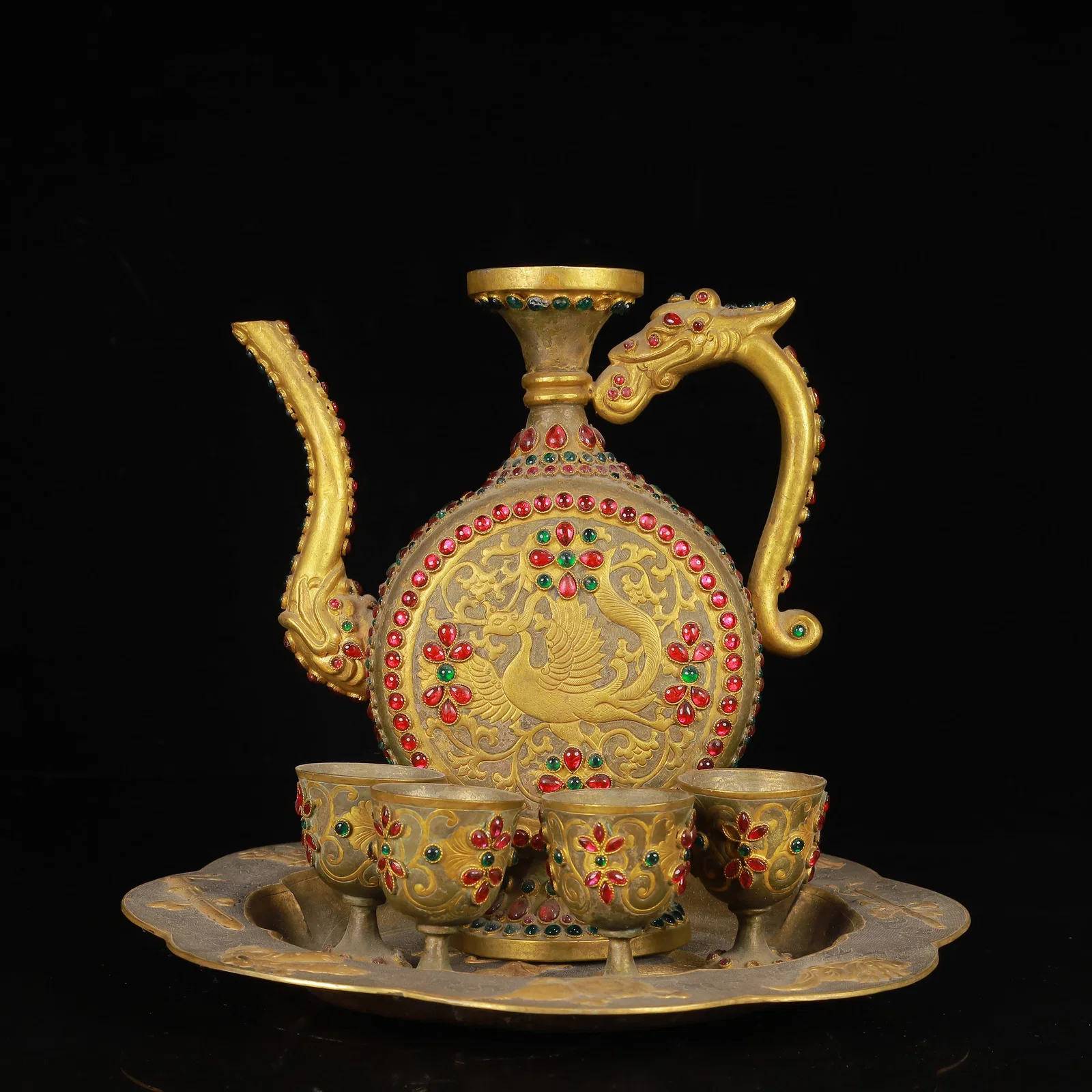 A Set of Fine Gilt Silver Dragon and Phoenix Pattern Teapots,Inlaid Gems