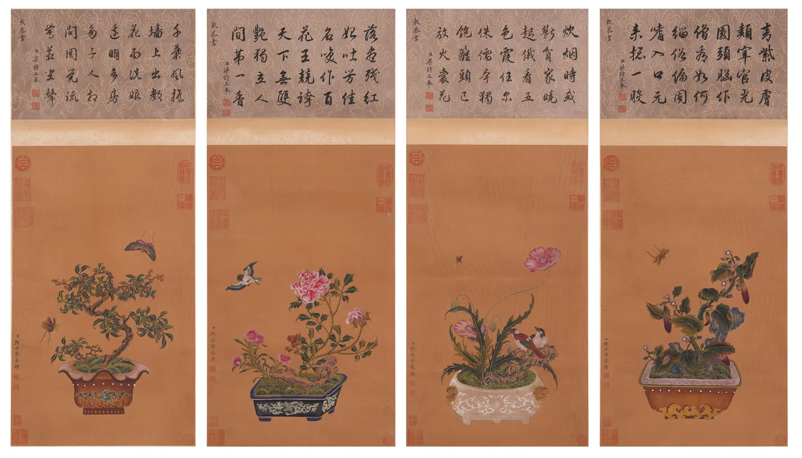 A SET OF FLOWER-AND-BIRD PATTERN HORIZONTAL SCREENS ON SILK BY GIUSEPPE CASTIGLIONE (LANG