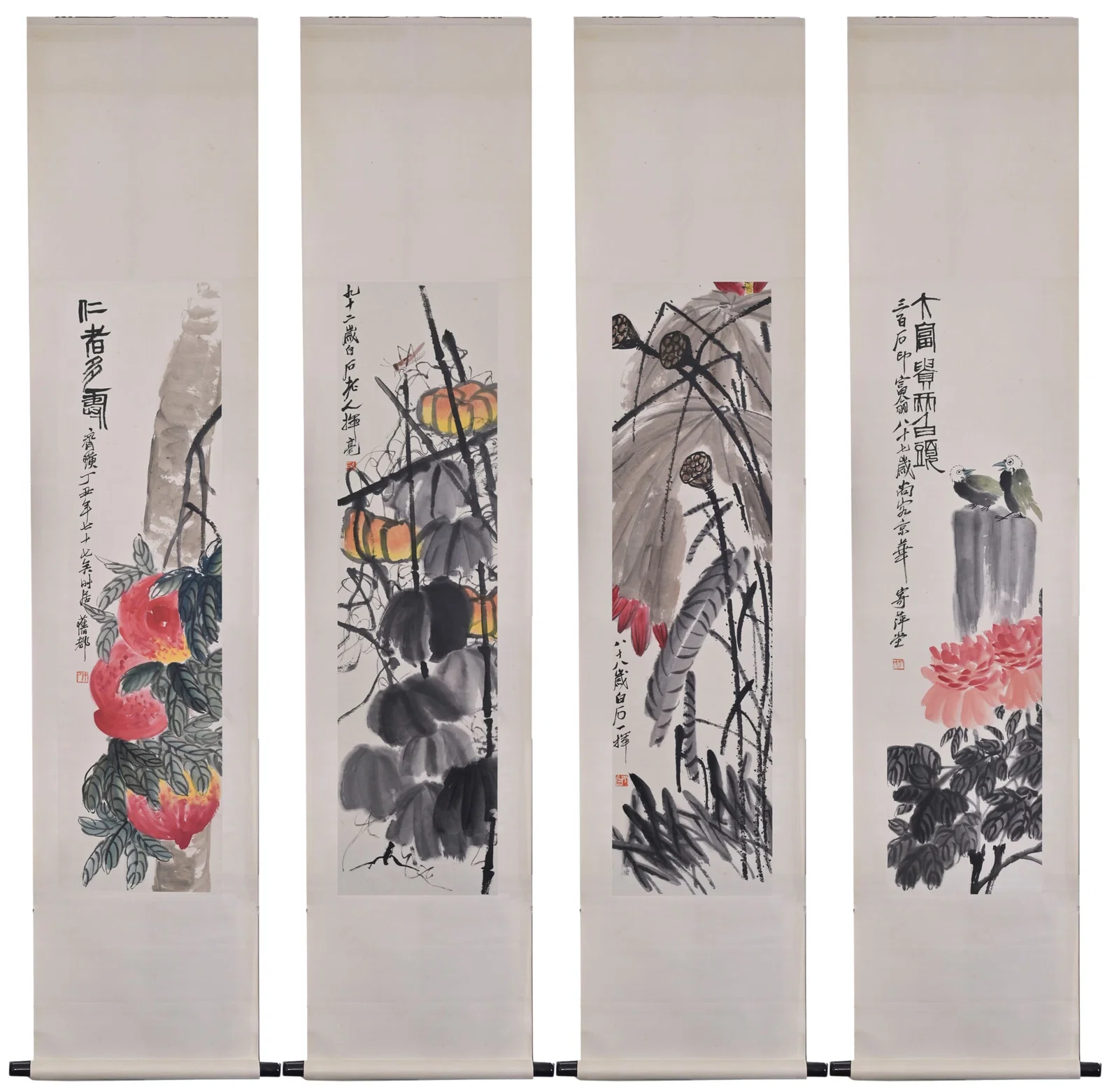 A SET OF FOUR CHINESE INK AND COLOUR ON PAPER HANGING SCROLLS OF FLOWERS, FRUITS AND BIRDS,