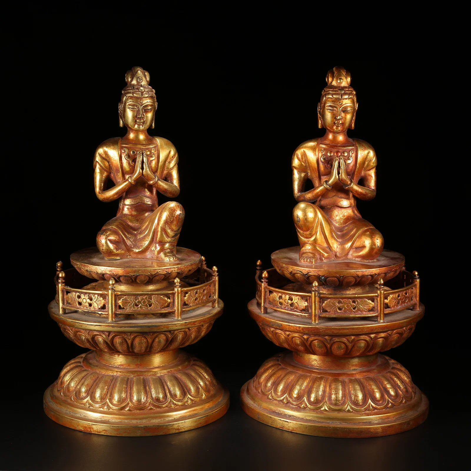 A SET OF GILT BRONZE ATTENDANT BODHISATTVA STATUES