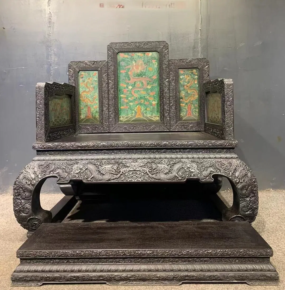 A Set of Huge Zitanwood Inlaid Jasper Auspicious Cloud and Dragon Pattern Thrones,With Poem