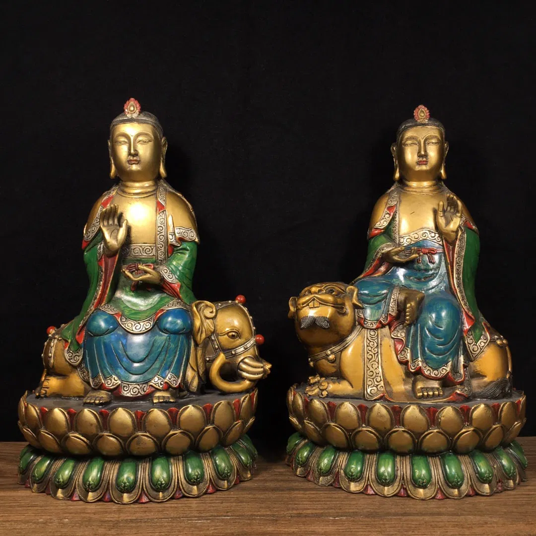 A set of pure copper painted Manjushri and Samantabhadra Bodhisattvas