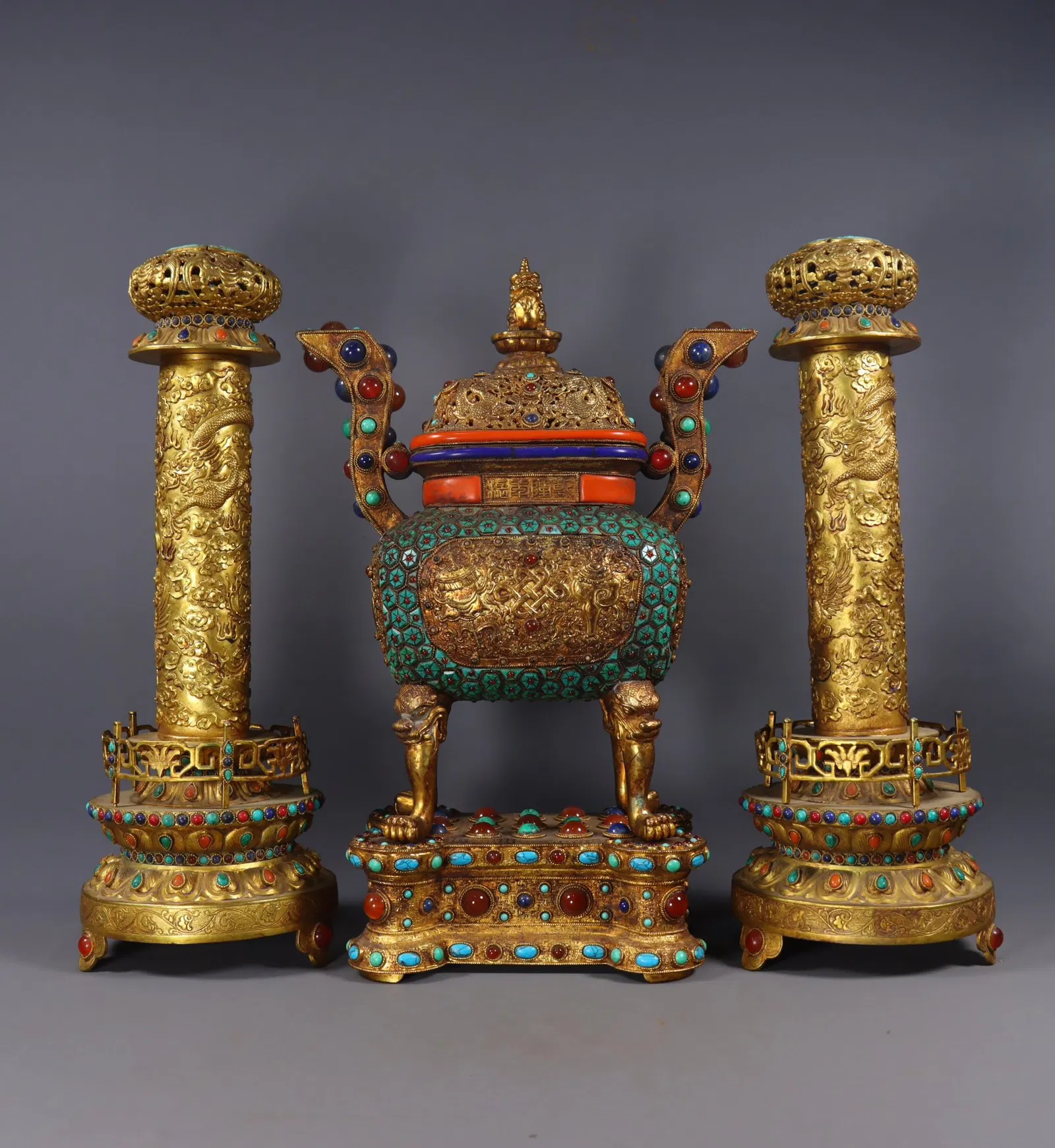 A Set of Rare Gilt Bronze Eight Treasures,Dragon and Phoenix Pattern Double-Ears Censer,Inlaid Gems