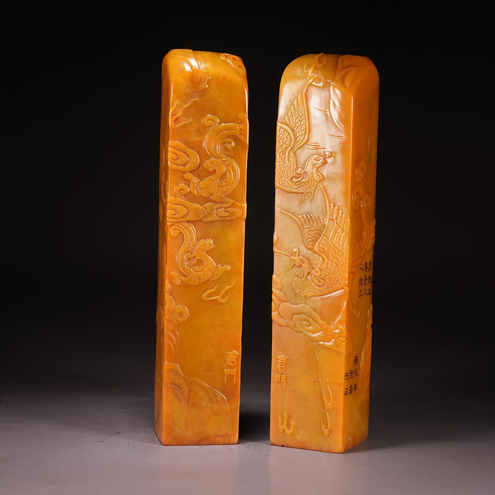 A SET OF SHOUSHAN STONE SEALS WITH DRAGON AND PHOENIX MOTIFS