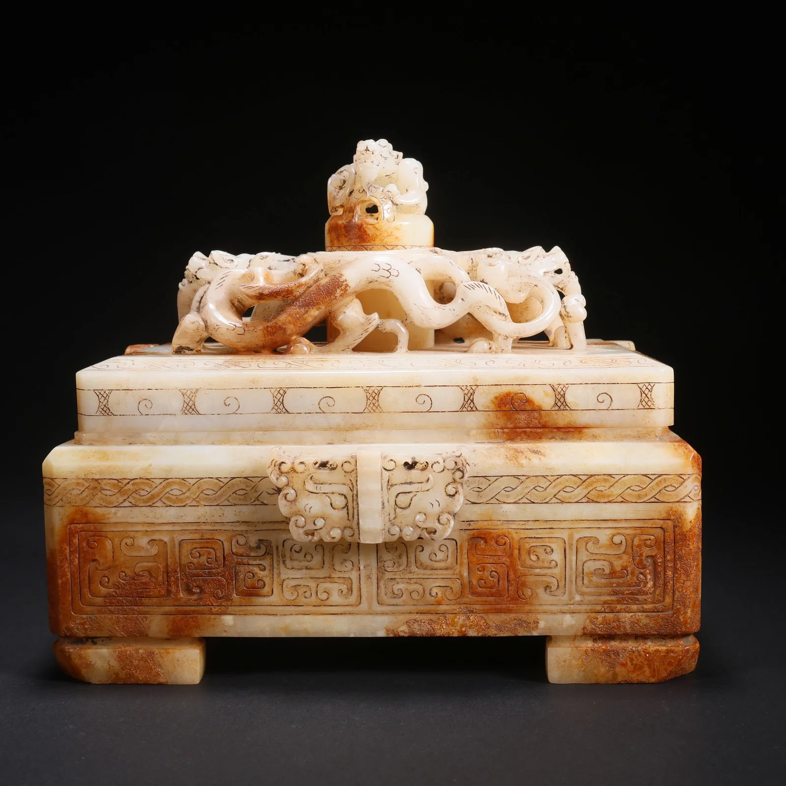 A SET OF SIX HETIAN JADE TIGER TALLY BOX SEALS