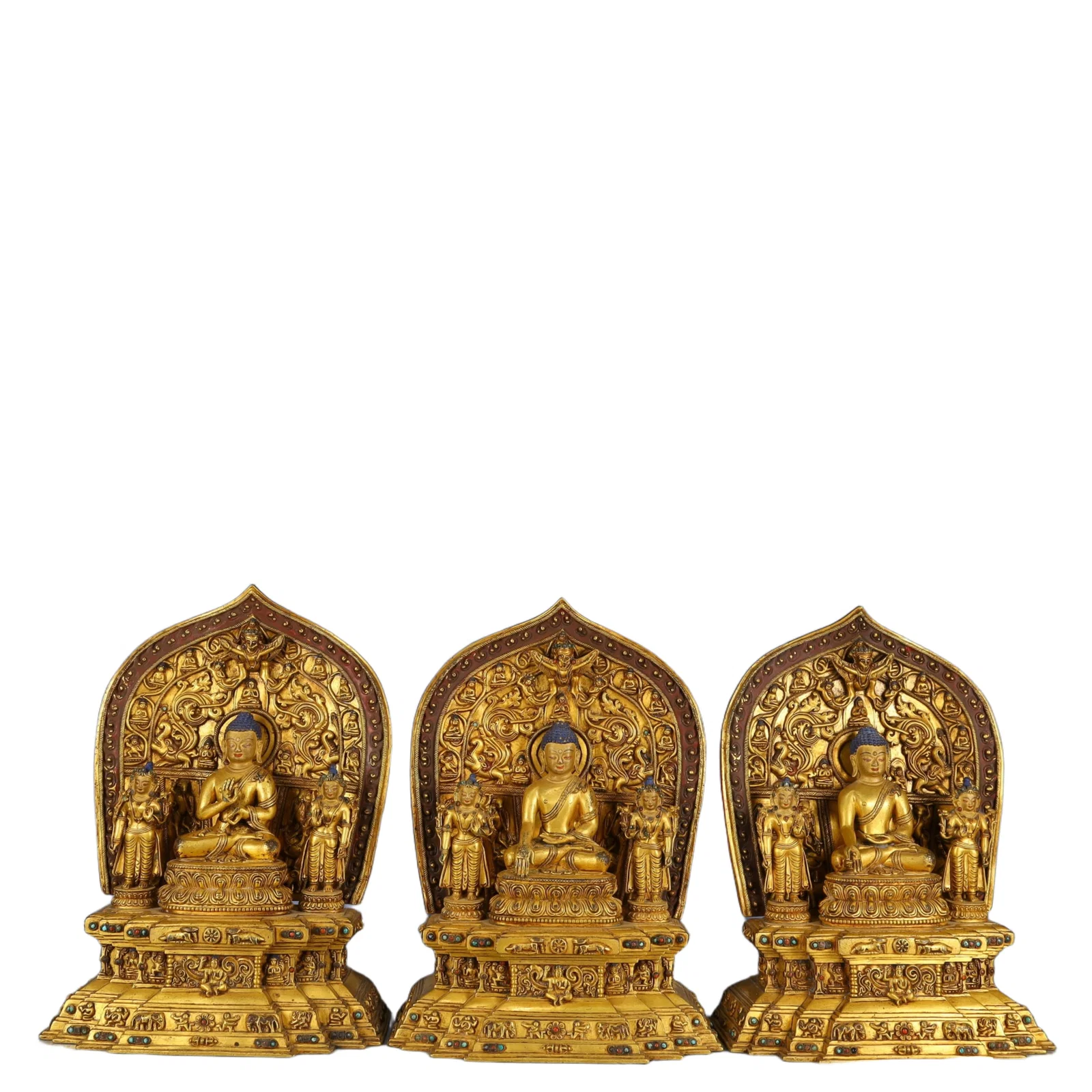 A Set of Solemn Gilt Bronze Buddha Statue,Inlaid Gems and Turquoise,With Inscription