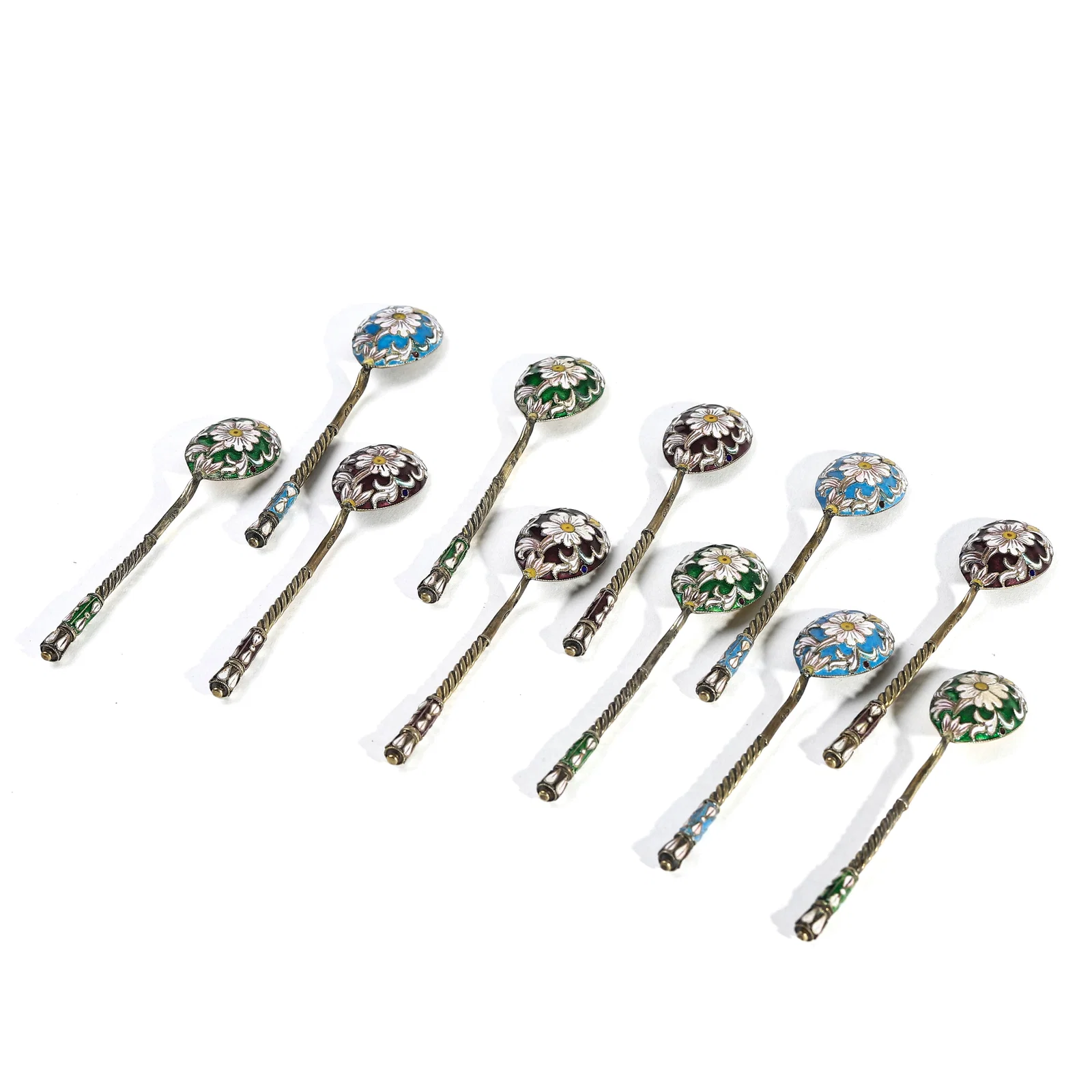 A SET OF TEN RUSSIAN SILVER-GILT AND CLOISONNÉ ENAMEL DEMITASSE SPOONS