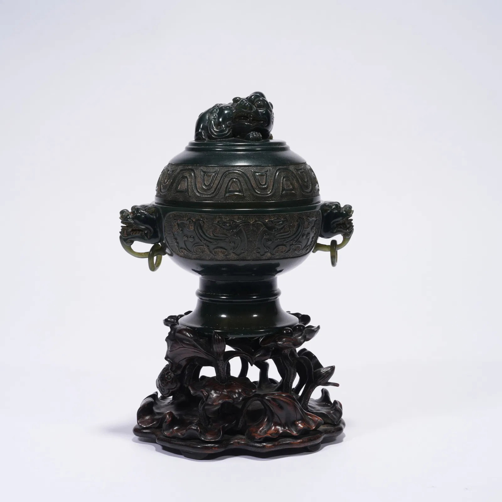 A SHOUSHAN STONE CARVED TIGER-HANDLE CENSER WITH TWIN BEAST HANDLES