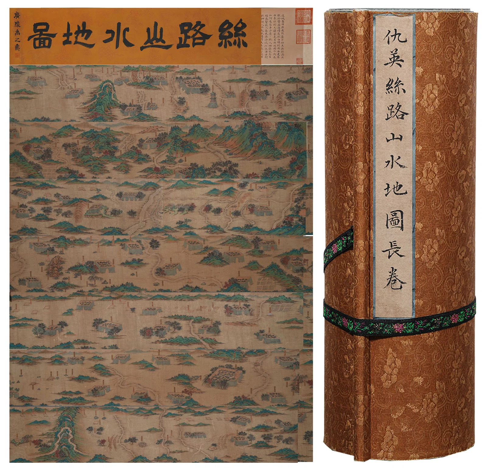 A SILK HANDSCROLL OF SILK ROAD LANDSCAPE MAP BY QIU YING.仇英