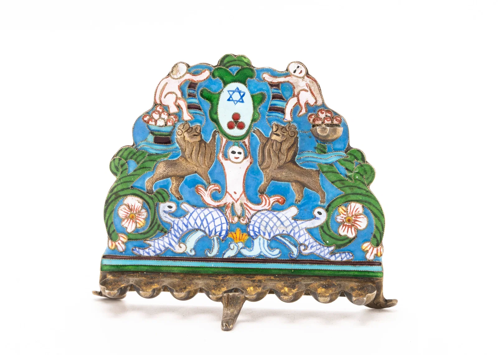 A SILVER AND ENAMEL MINIATURE HANUKKAH LAMP.