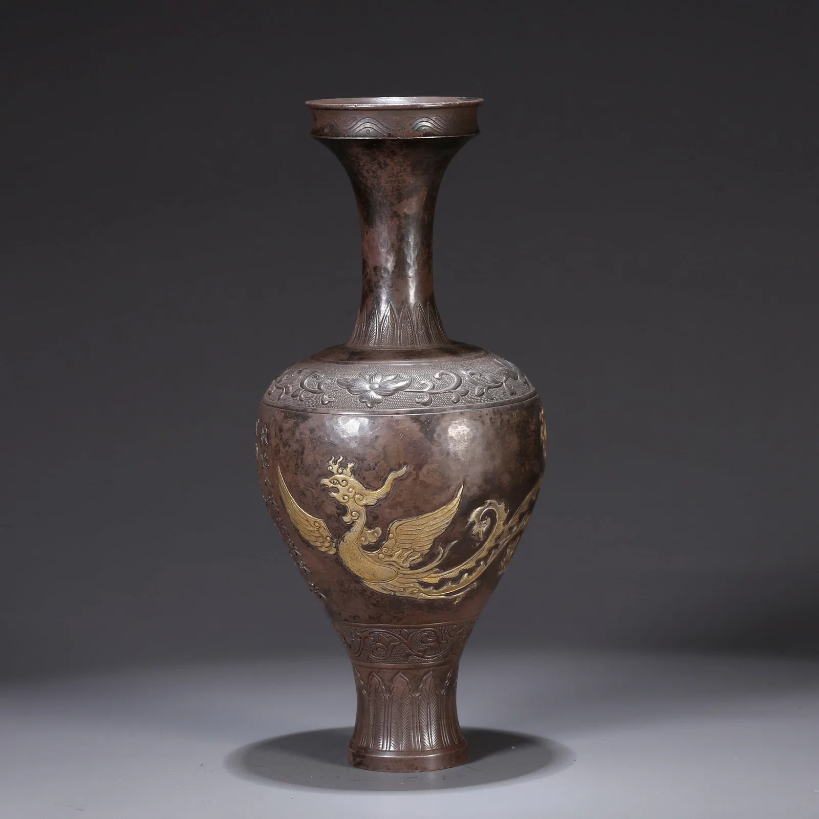 A SILVER APPRECIATION VASE WITH PARTIAL GILT AND PHOENIX MOTIF