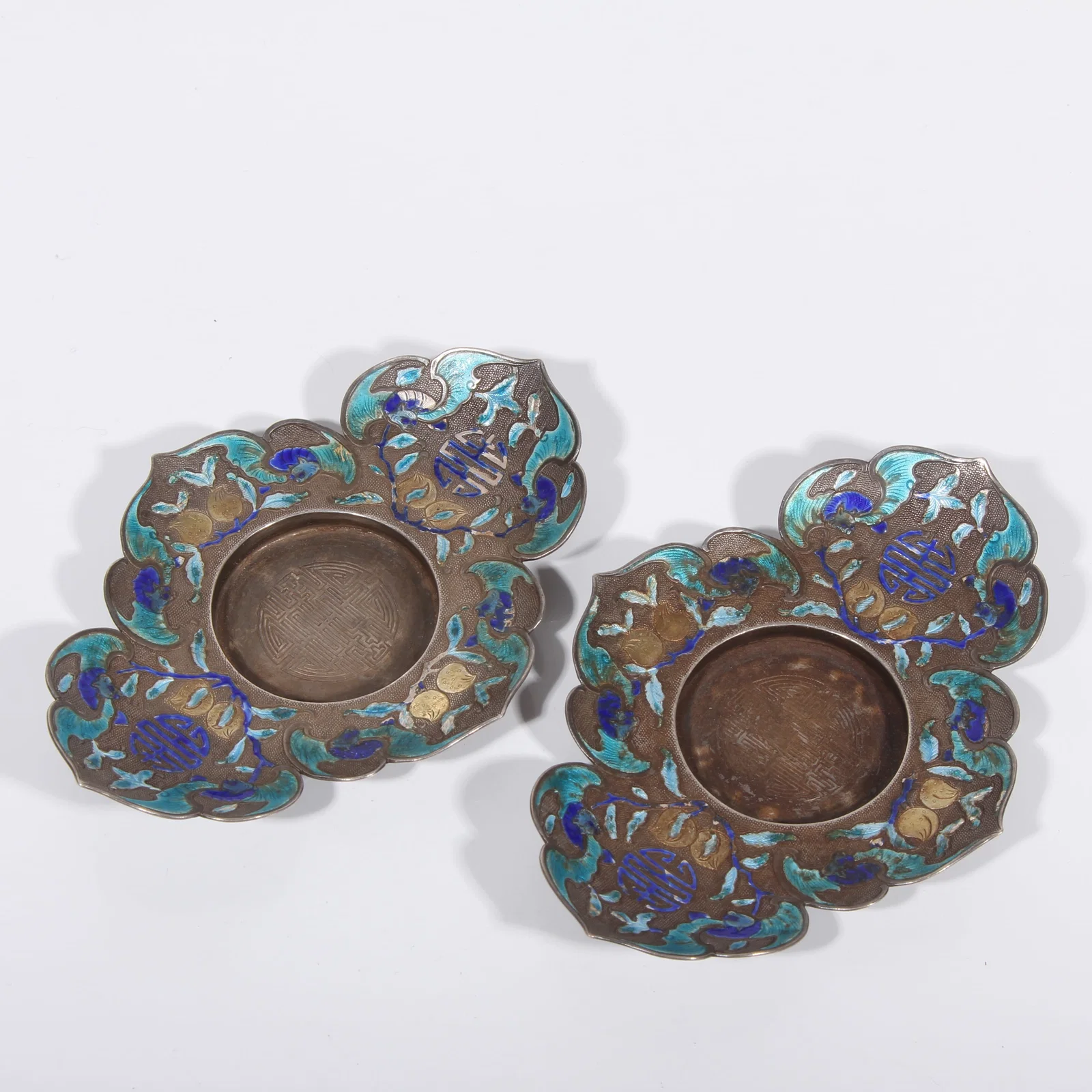 A SILVER CLOISONNÉ WASHERS WITH LONGEVITY AND HAPPINESS MOTIF, SET