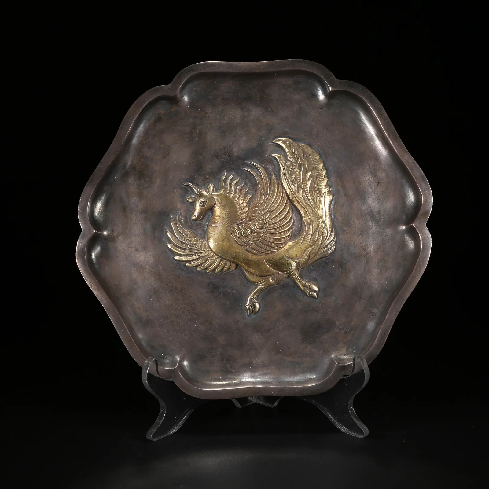 A SILVER PARTIAL GILT, PEGASUS-MOTIF KOI-SHAPED DISH