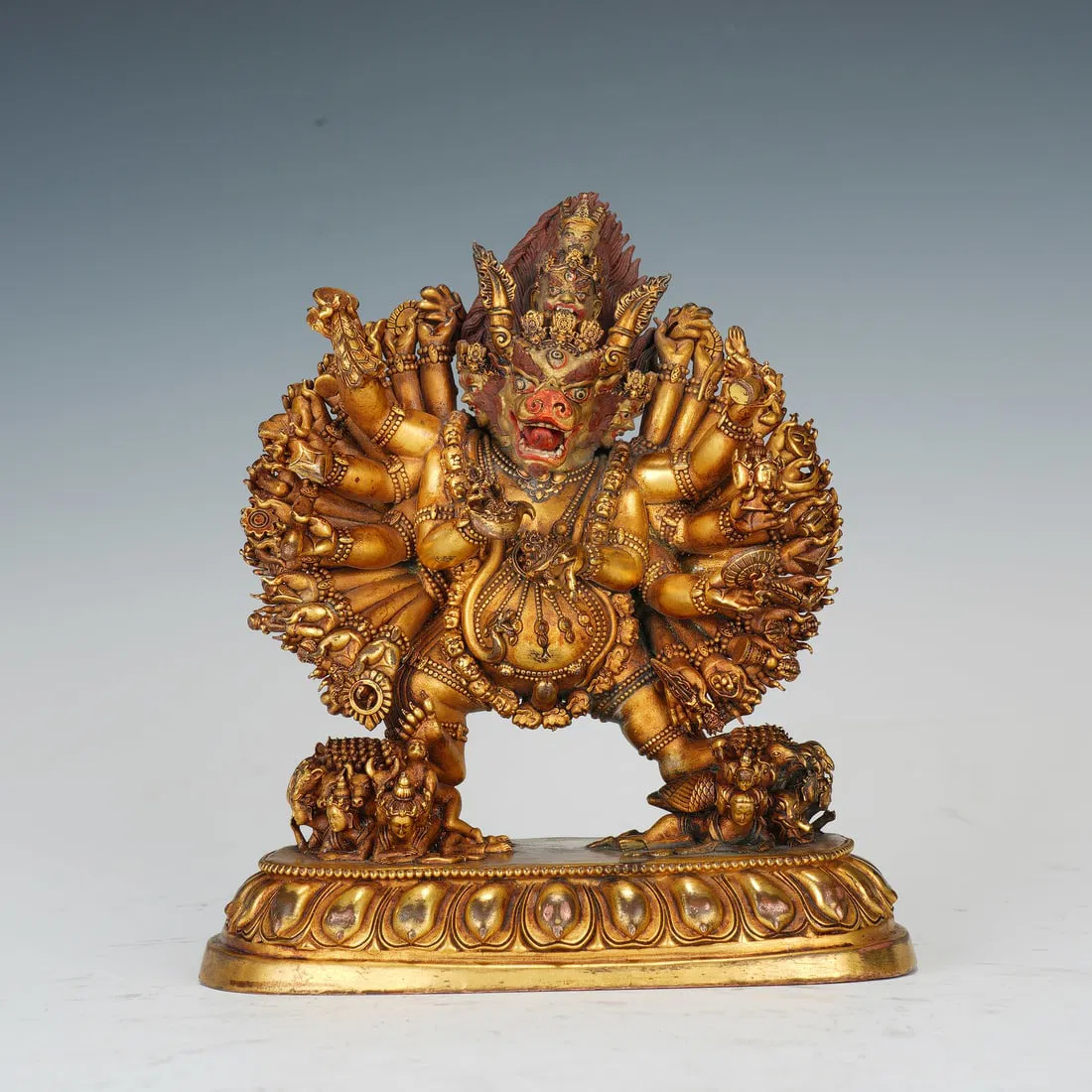 A SINO-TIBETAN BRONZE-GILT FIGURE OF YAMANTAKA