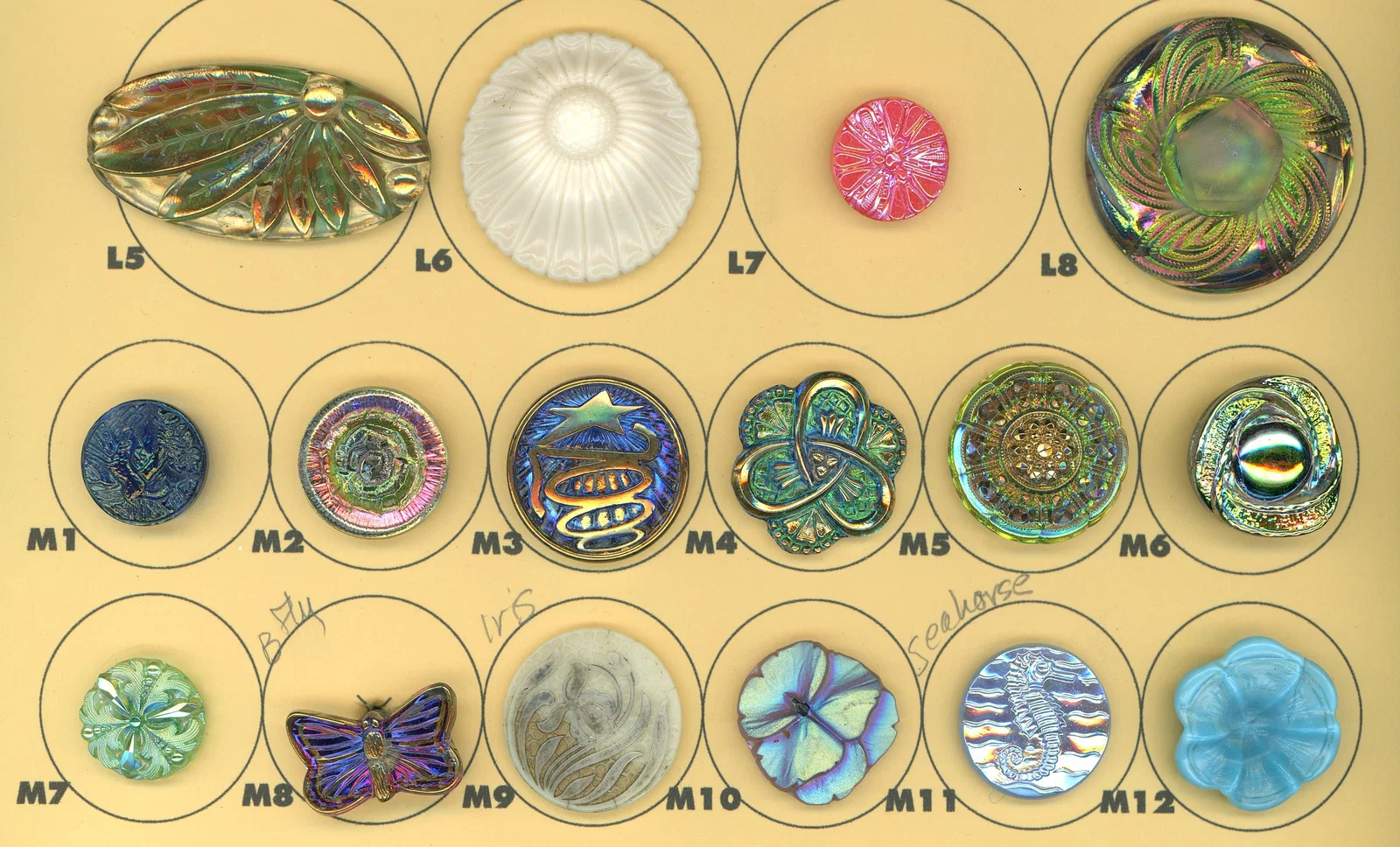 A SMALL CARD OF DIVISION THREE GLASS BUTTONS