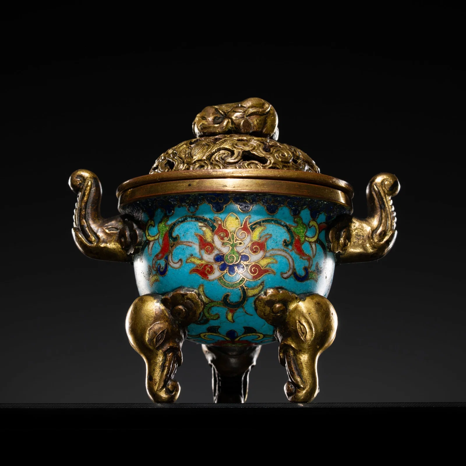 A SMALL GILT-BRONZE CLOISONNÉ ENAMEL 'ELEPHANT' CENSER, QIANLONG PERIOD