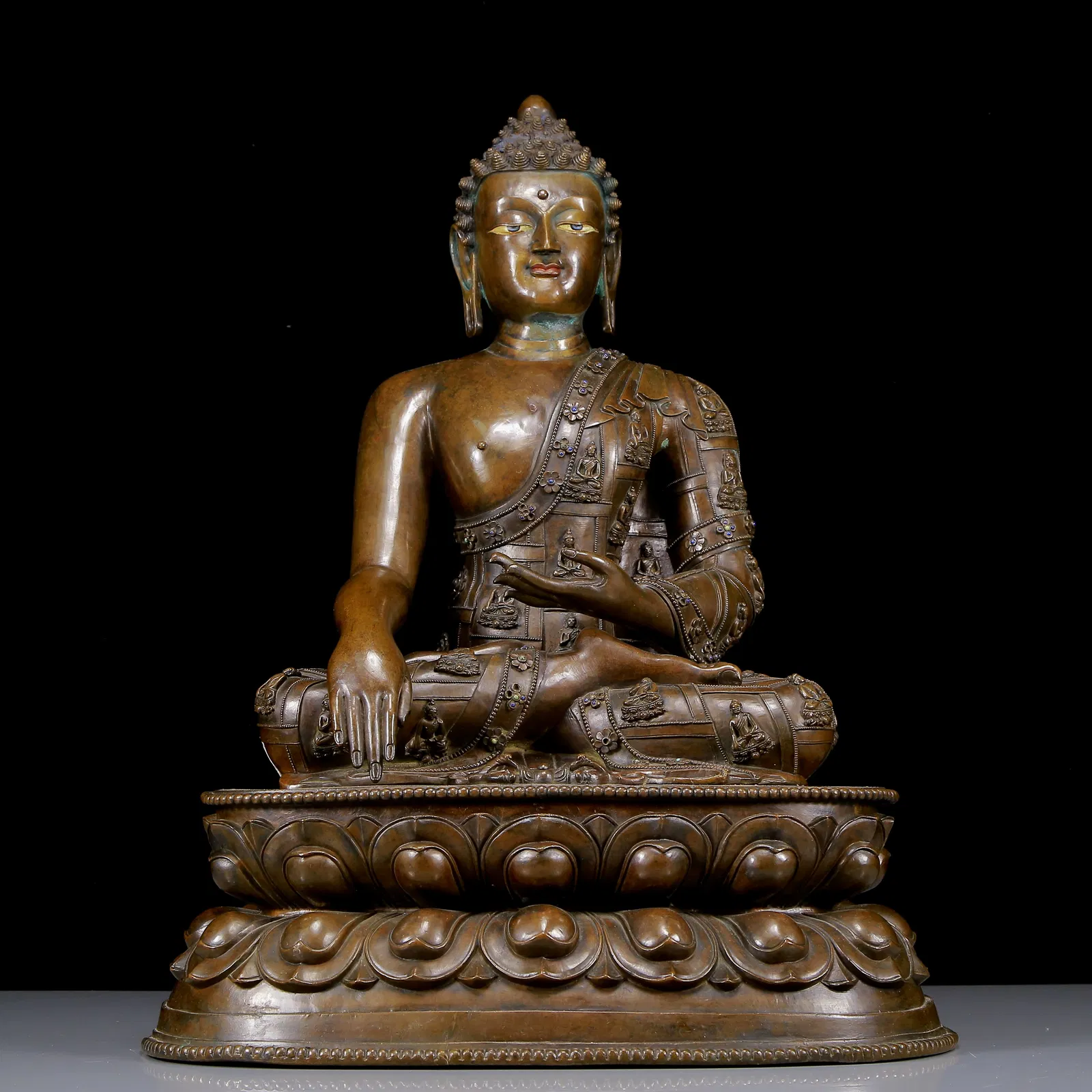 A Solemn Bronze Inlaid Gems Statue of Sakyamuni,With Inscription