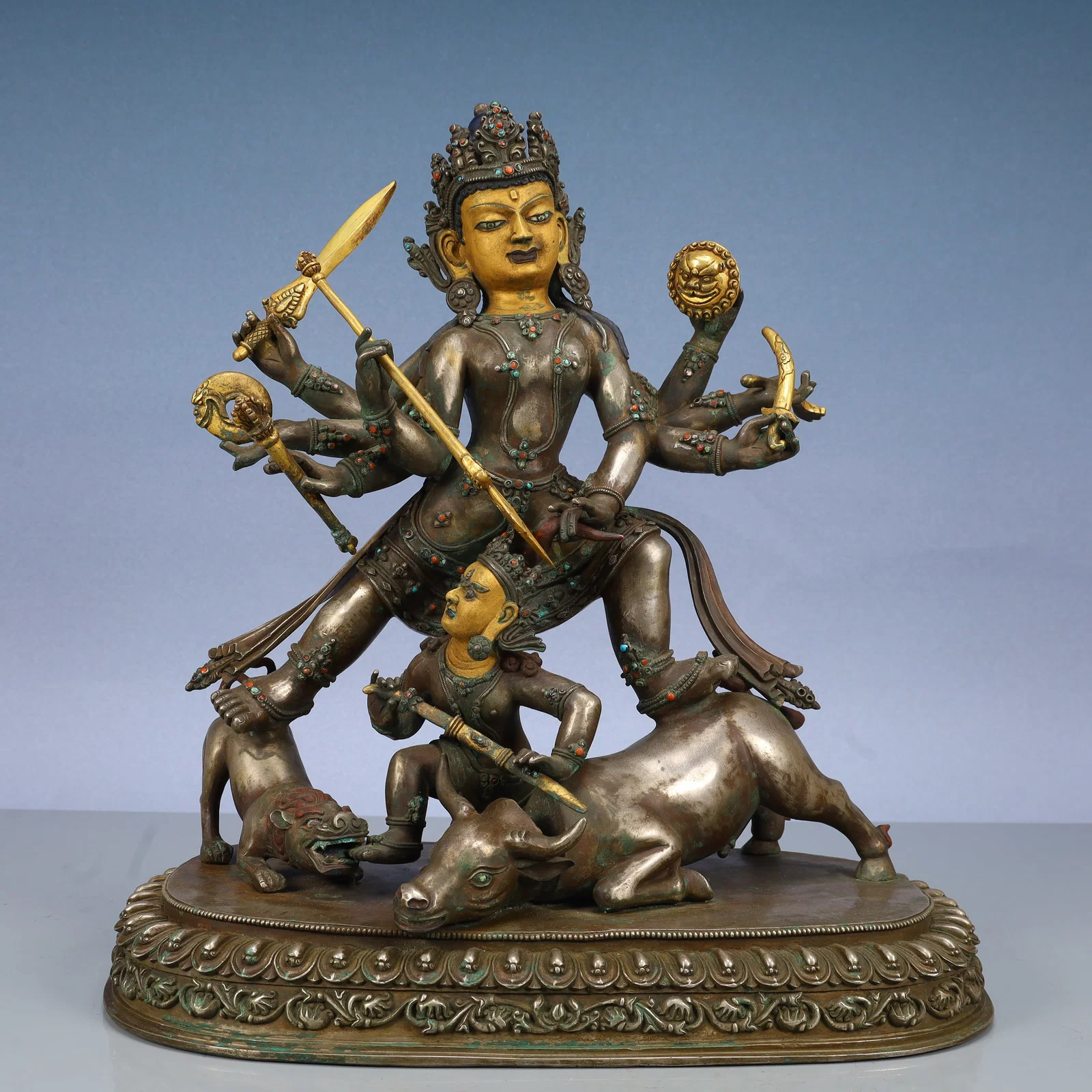 A Solemn Bronze Inlaid Gold and Silver Buddha Statue,Inlaid Gems and Turquoise