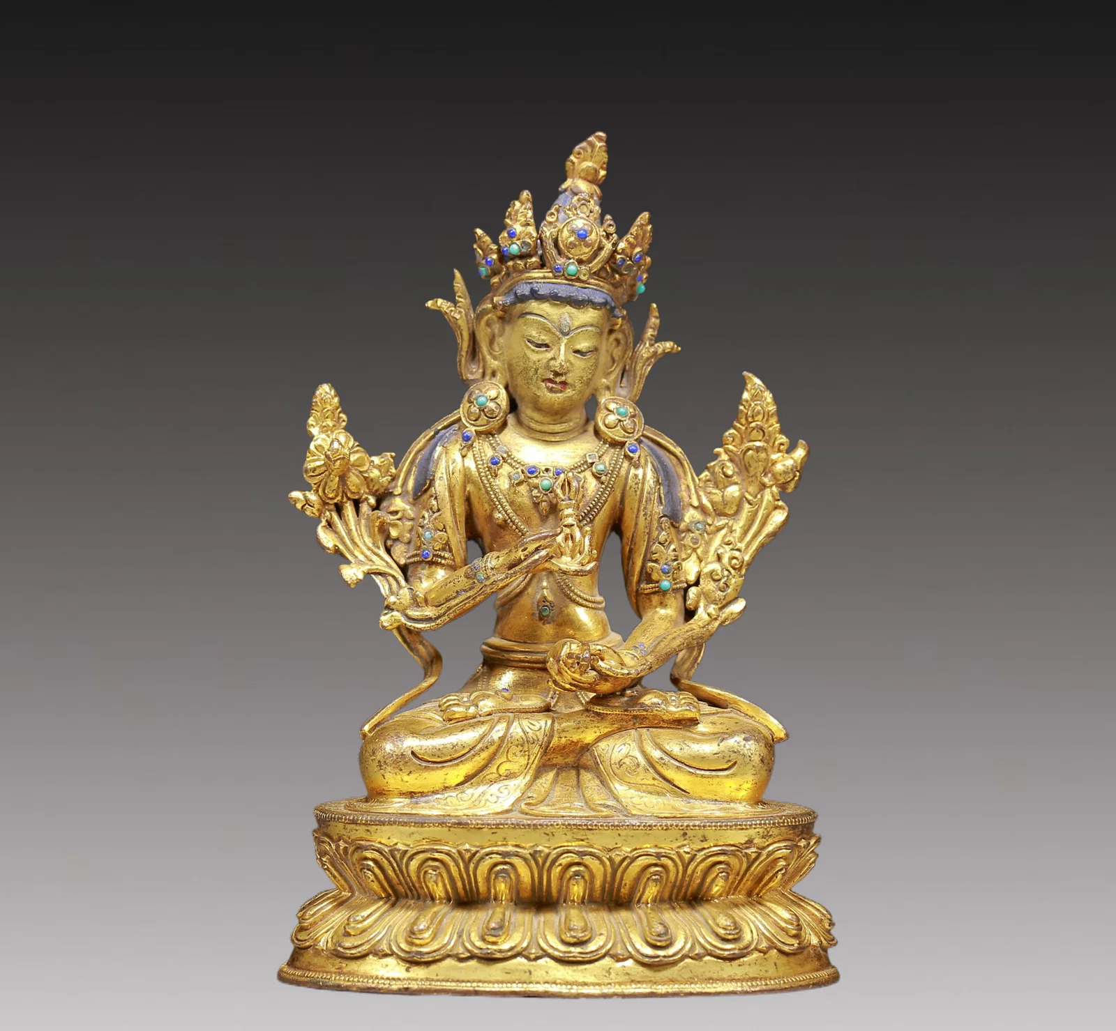 A Solemn Gilt Bronze Inlaid Turquoise Statue of Manjusri