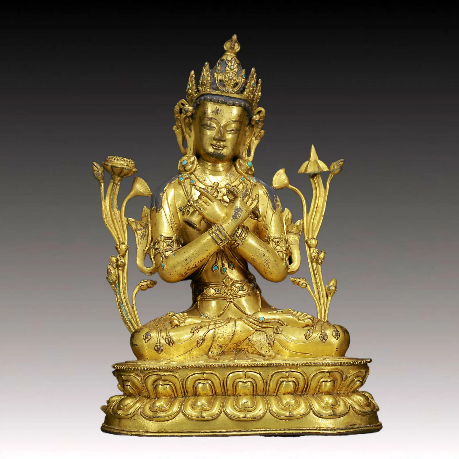 A Solemn Gilt Bronze Inlaid Turquoise Statue of Vajrasattva