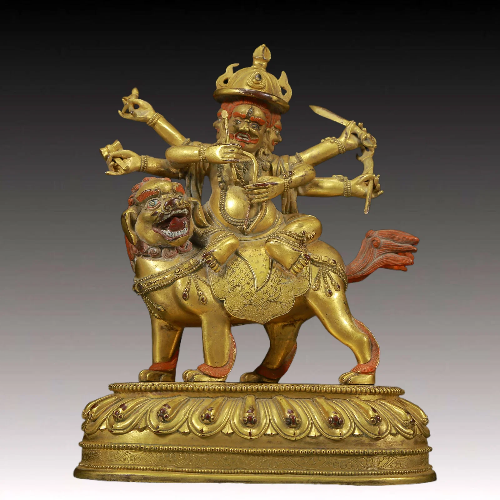 A Solemn Gilt Bronze Lion Riding Buddha Statue,With Inscription
