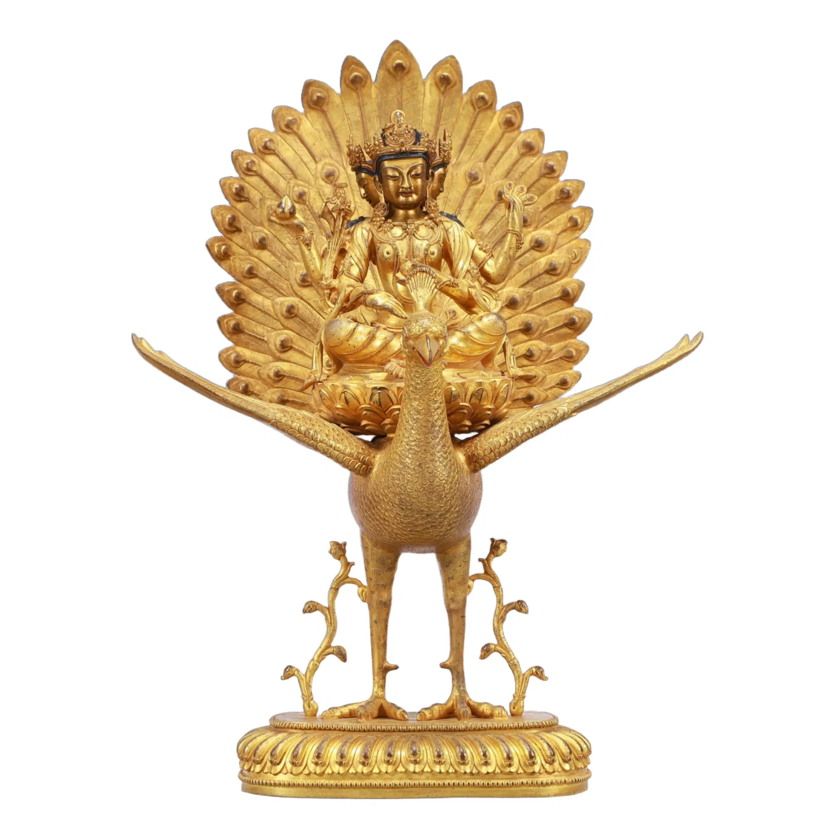 A Solemn Gilt Bronze Peacock Statue of Bodhisattva
