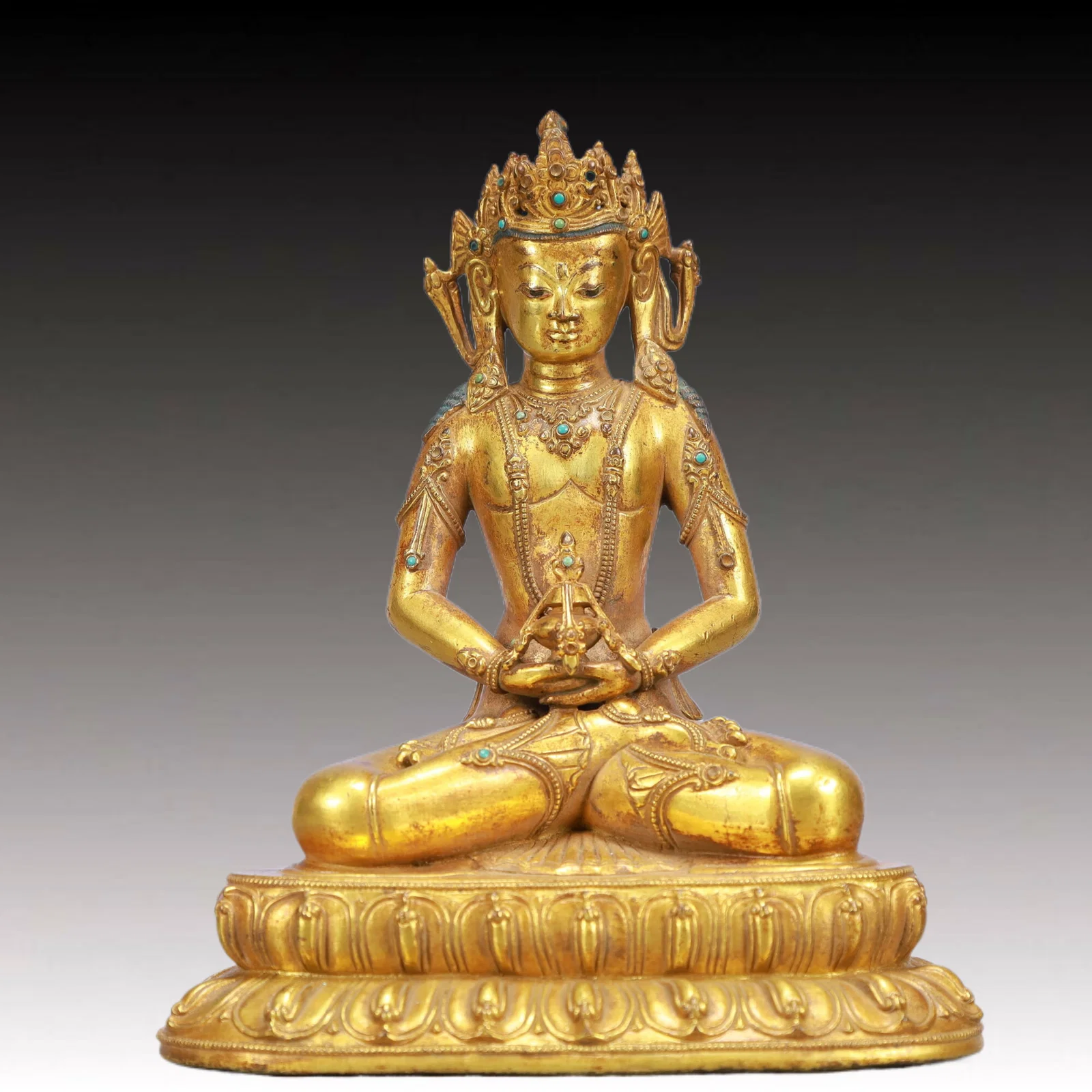A Solemn Gilt Bronze Statue of Amitayus , Inlaid Gems
