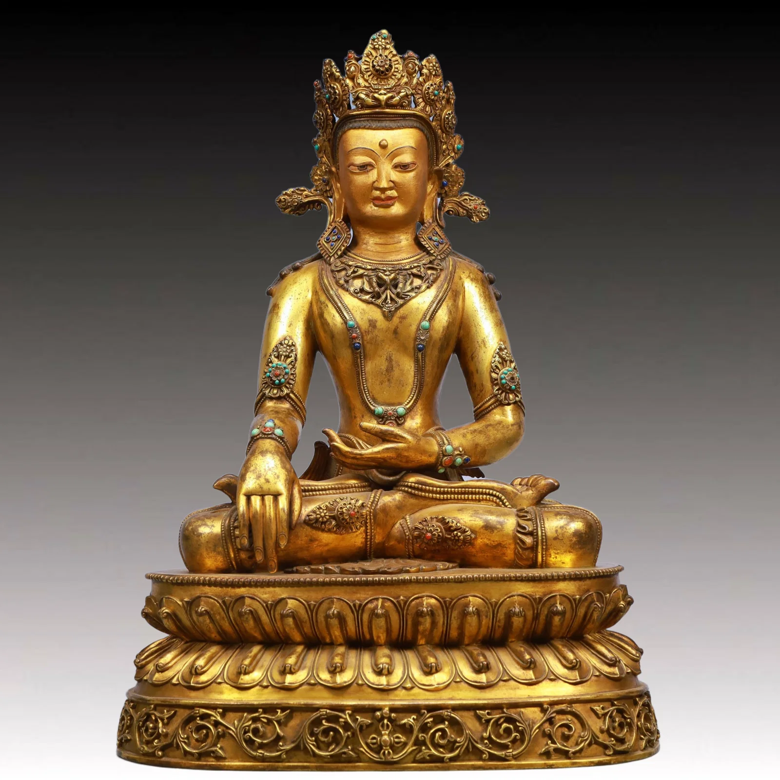 A Solemn Gilt Bronze Statue of Avalokitesvara, Inlaid Gems
