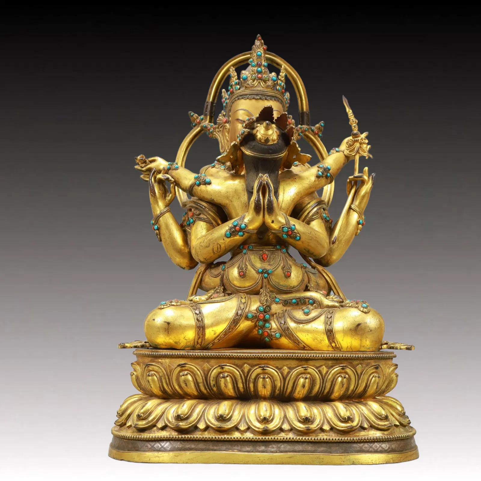 A Solemn Gilt Bronze Statue of Avalokitesvara,Inlaid Turquoise