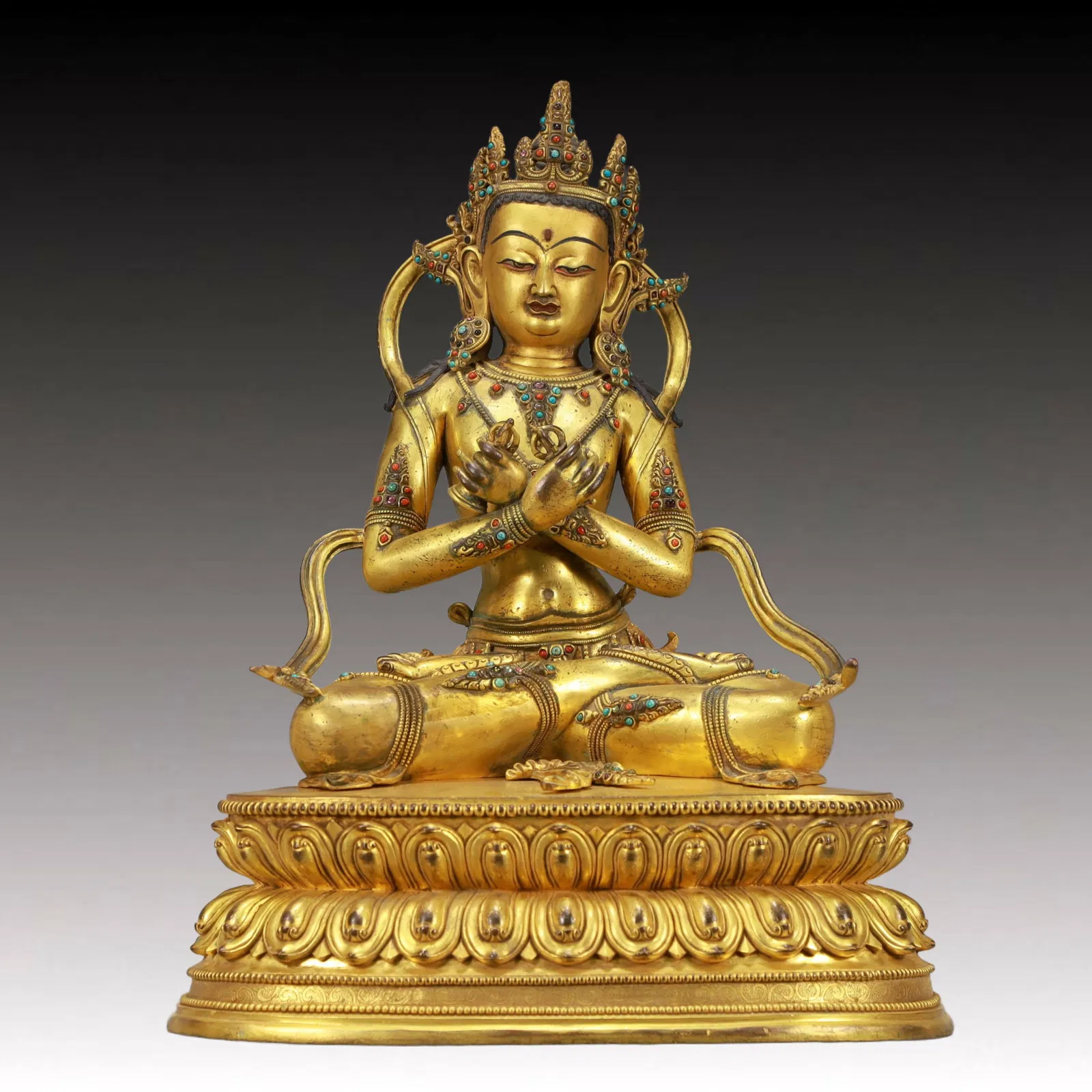 A Solemn Gilt Bronze Statue of Bodhisattva,Inlaid Turquoise