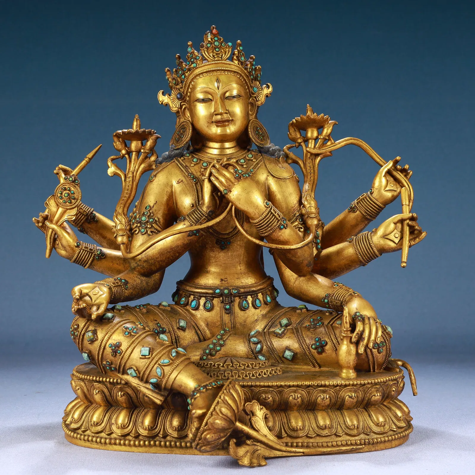 A Solemn Gilt Bronze Statue of Gautama’s Mother,Inlaid Turquoise
