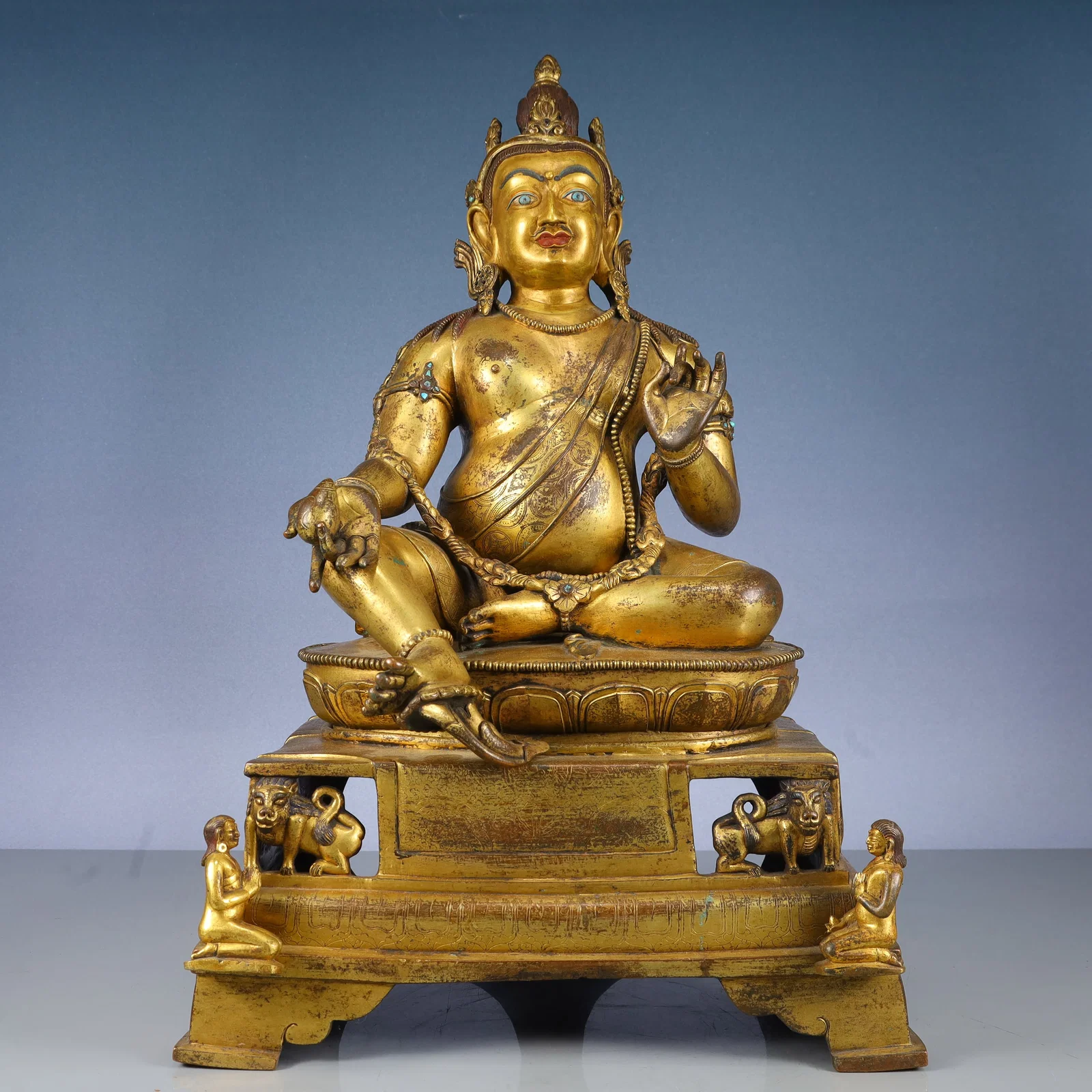 A Solemn Gilt Bronze Statue of Mammon,Inlaid Turquoise,With Inscription,With Base