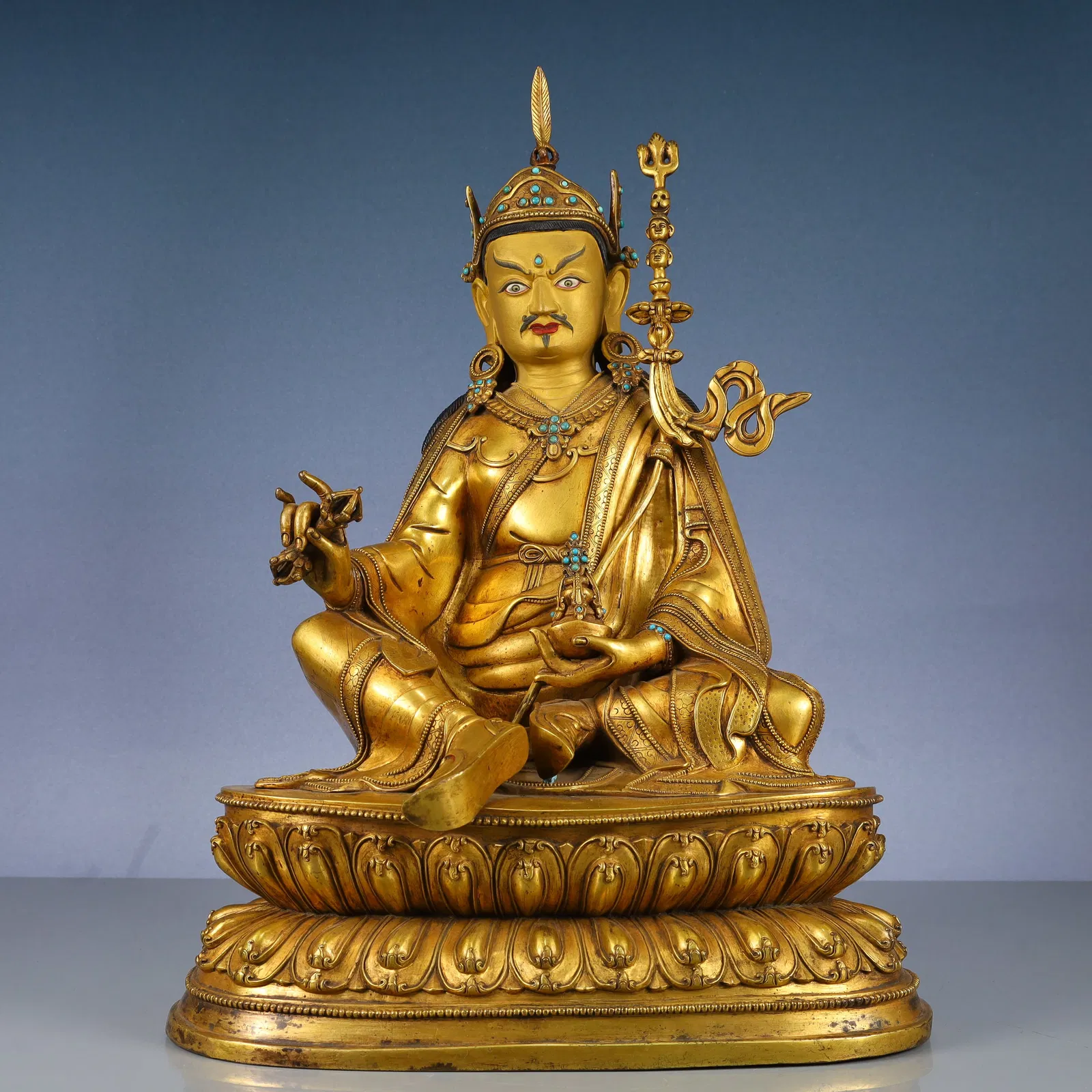 A Solemn Gilt Bronze Statue of Padma Sambhava,Inlaid Turquoise