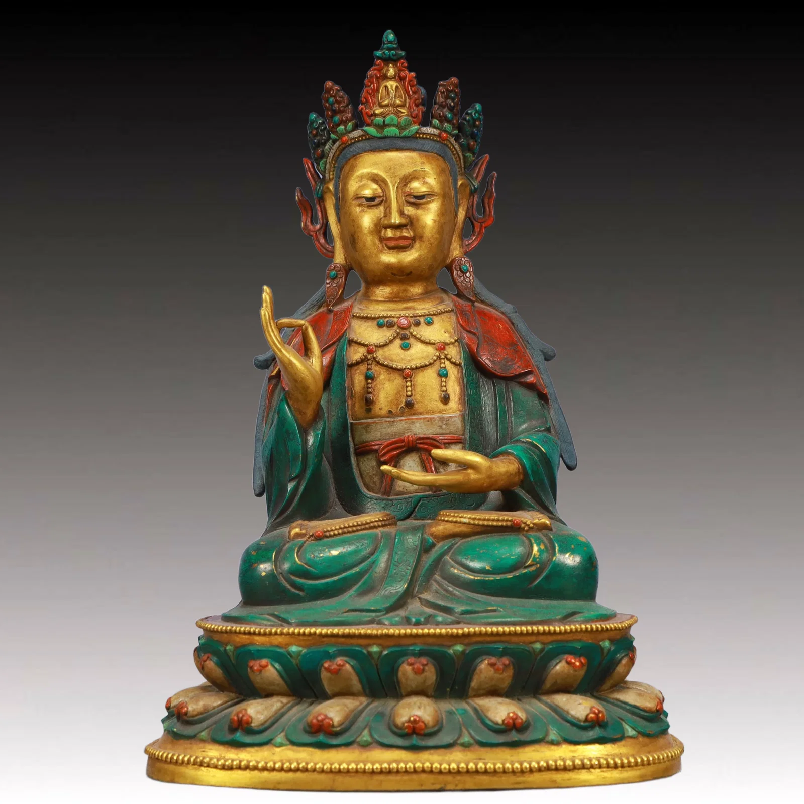 A Solemn Gilt Bronze Statue of Sakyamuni, Inlaid Gems