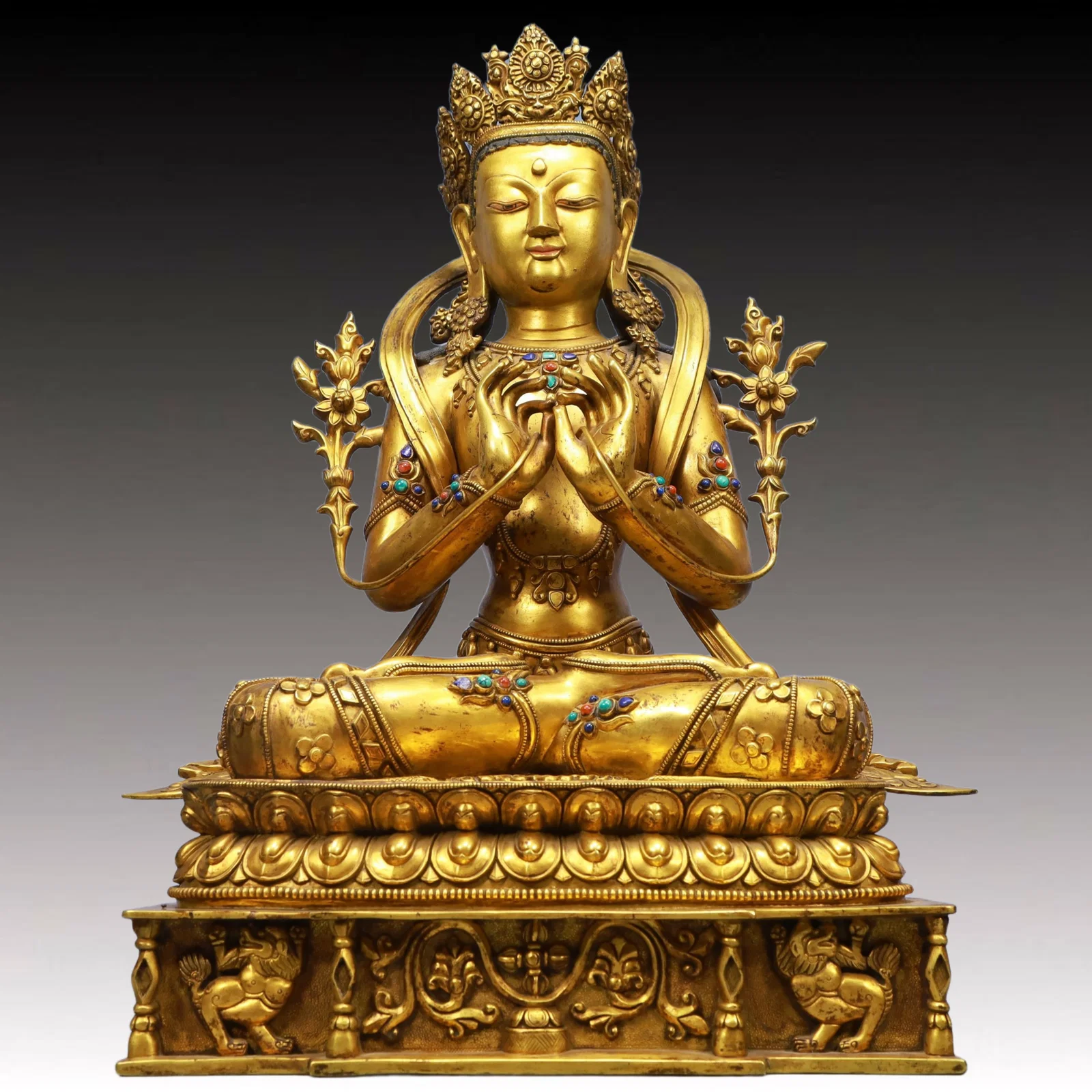A Solemn Gilt Bronze Statue of Tara, Inlaid Gems, With Inscription