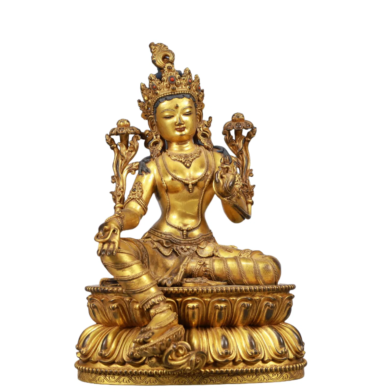 A Solemn Gilt Bronze Statue of Tara, Inlaid Gems