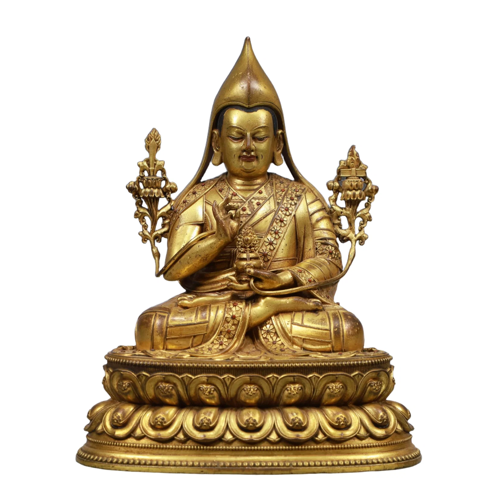 A Solemn Gilt Bronze Statue of Tsongkhapa, Inlaid Gems