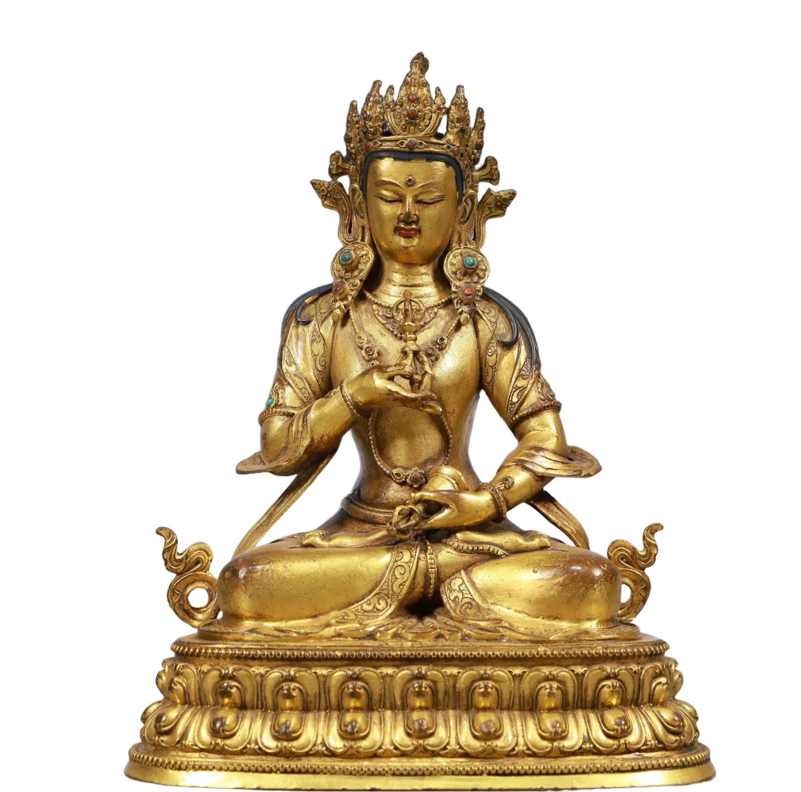 A Solemn Gilt Bronze Statue of Vajrasattva, Inlaid Gems