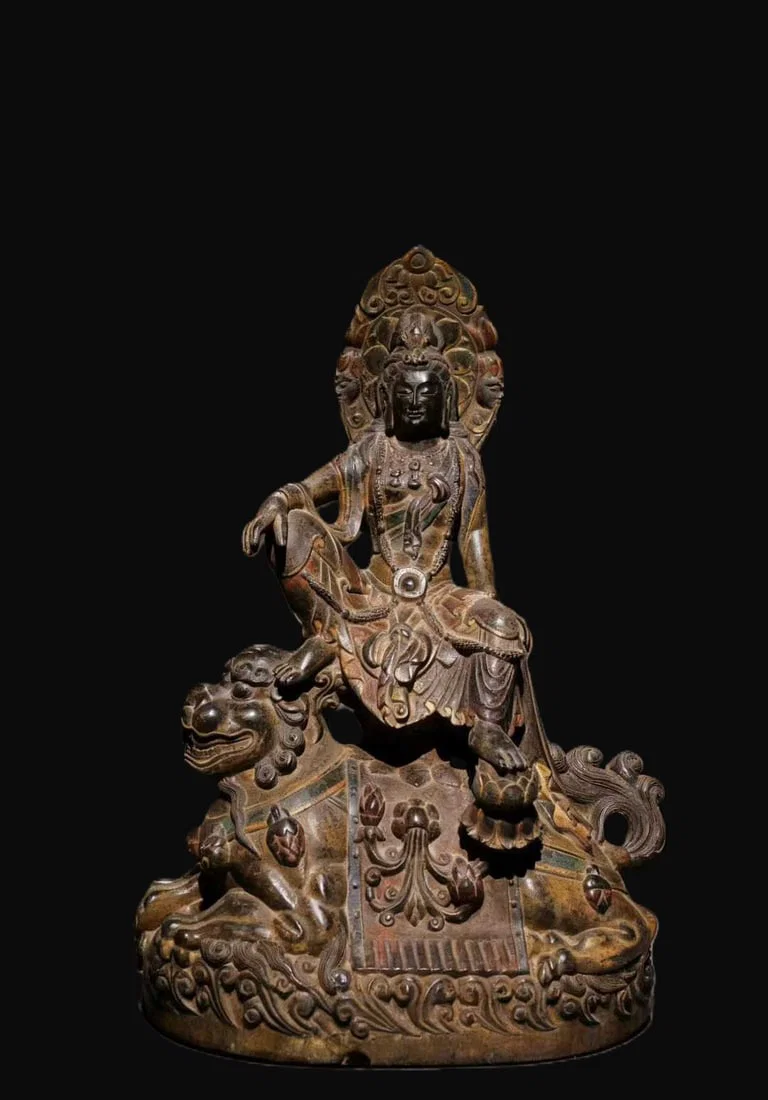 A Solemn Limestone Painted Color Statue of Manjusri