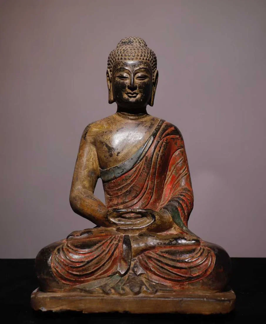 A Solemn Limestone Painted Color Statue of Sakyamuni