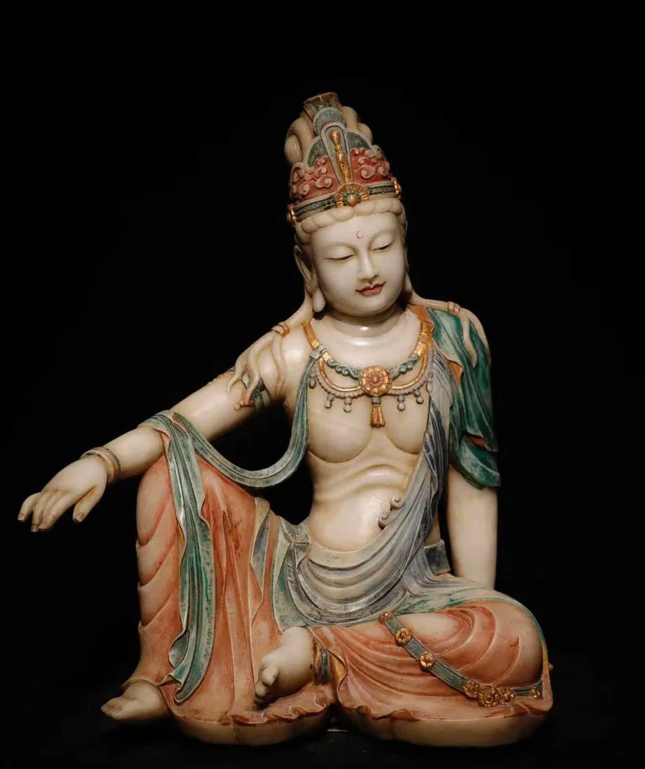 A Solemn Marble Painted Color Statue of Avalokitesvara