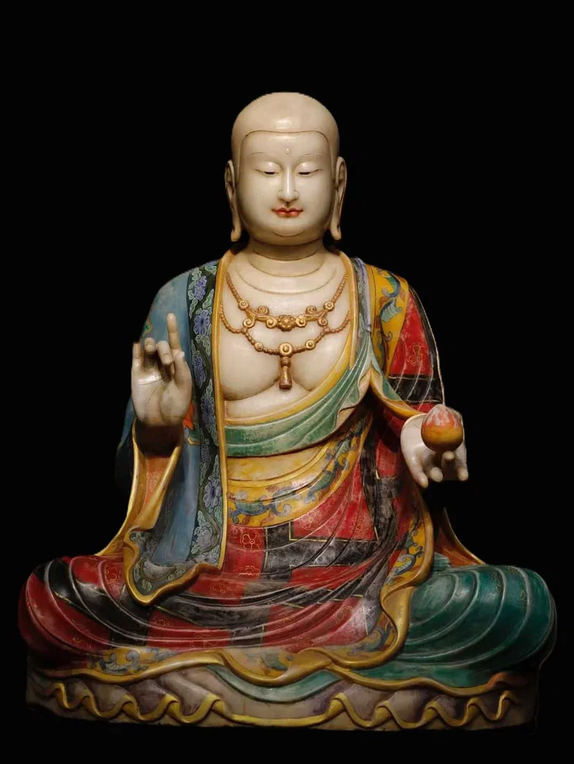 A Solemn Marble Painted Color Statue of Kshitigarbha Bodhisattva