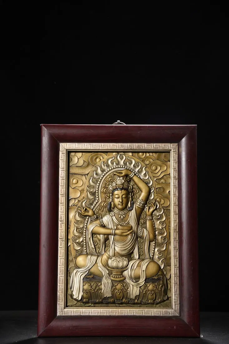 A Solemn Tanwood Inlaid Bronze Painted Color Statue of Four-Arms Avalokitesvara