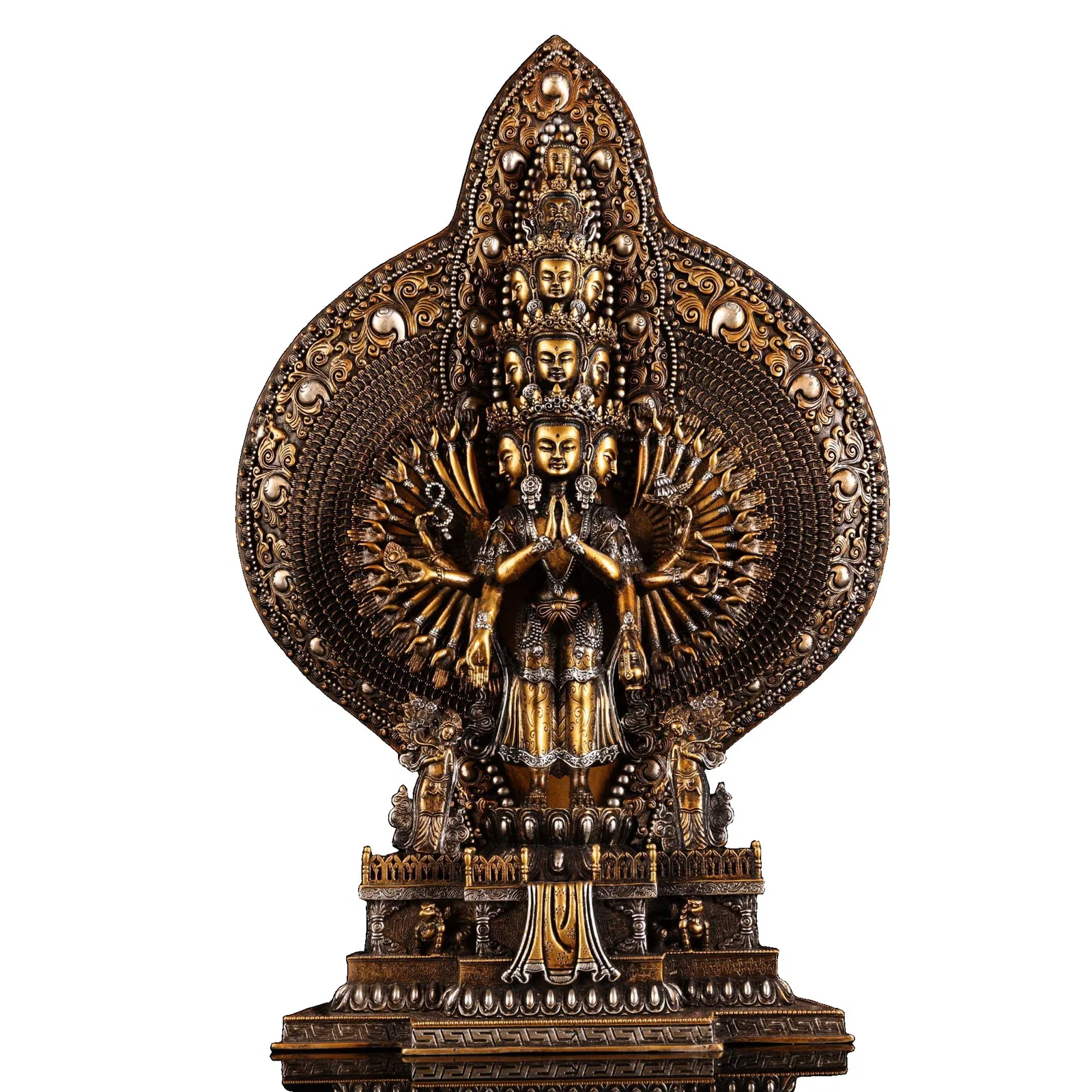 A statue of a gold-plated silver Bodhisattva Avalokiteshvara with a thousand hands, made of copper.