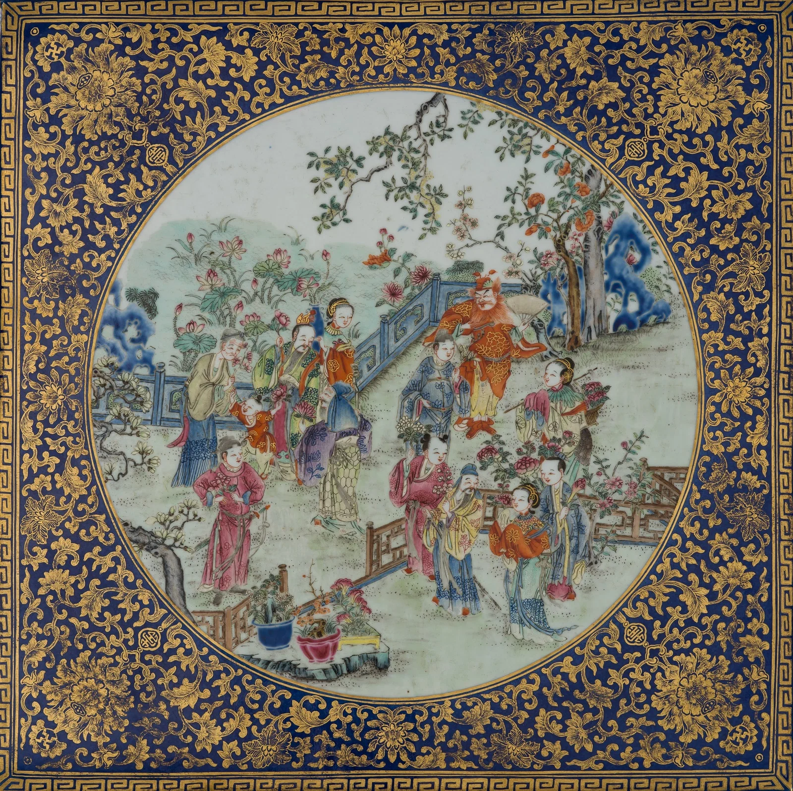 A SUPERB GILT, FAMILLE-ROSE, AND POWDER-BLUE 'EIGHT IMMORTALS' PLAQUE, 18TH-19TH CENTURY