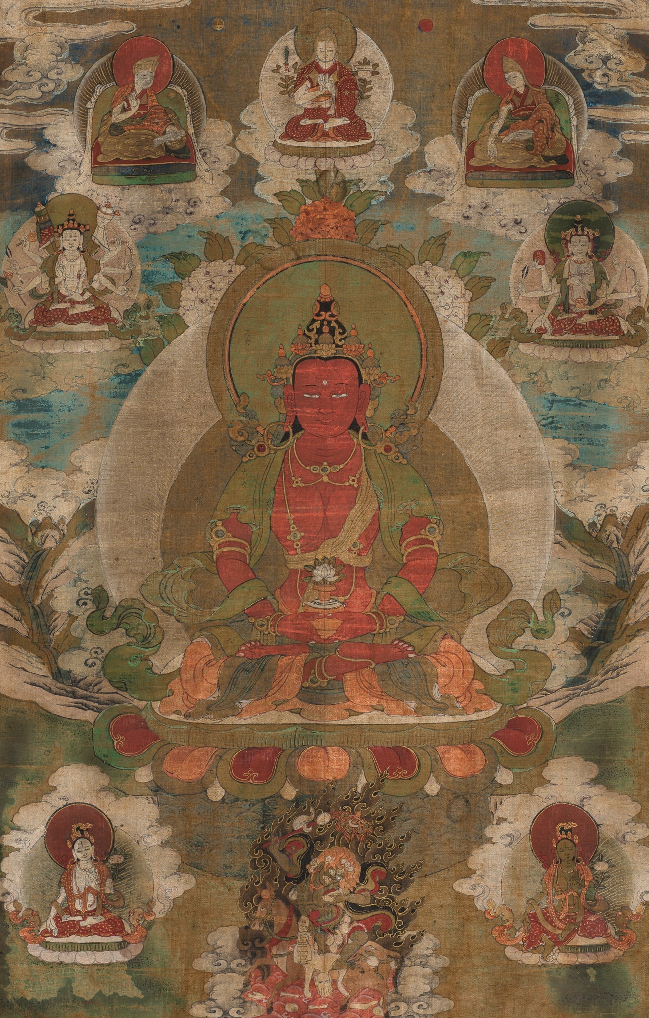 A THANGKA DEPICTING AMITAYUS, THE RED BUDDHA OF LONGEVITY, HIMALAYAN REGION, 18TH-19TH CENTURY