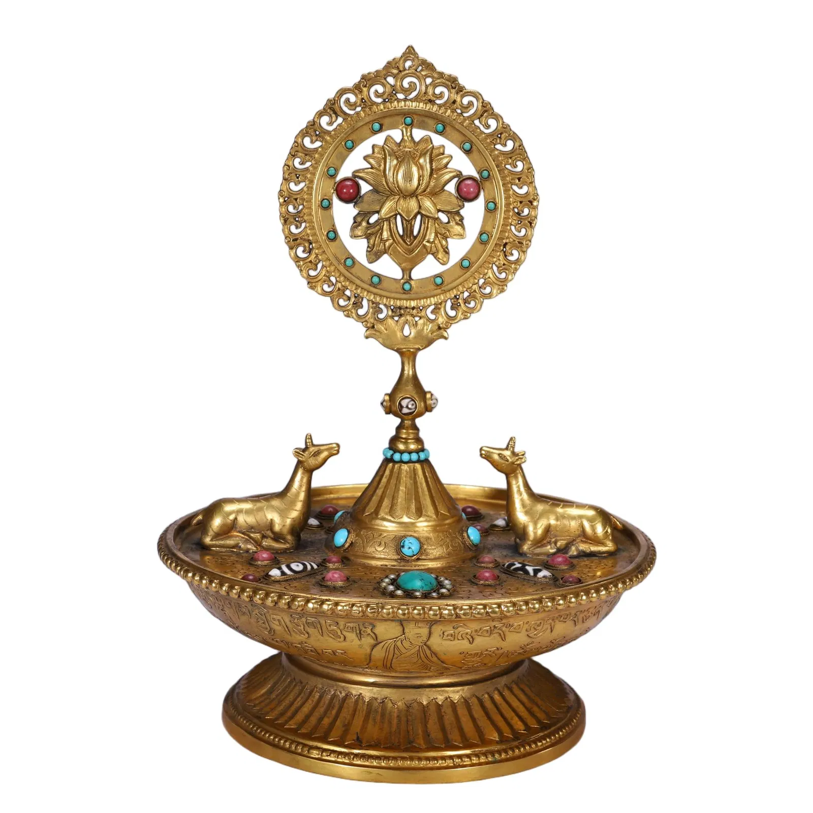 A TIBETAN HARDSTONES INLAID BRONZE-GILT ALTER DECORATION