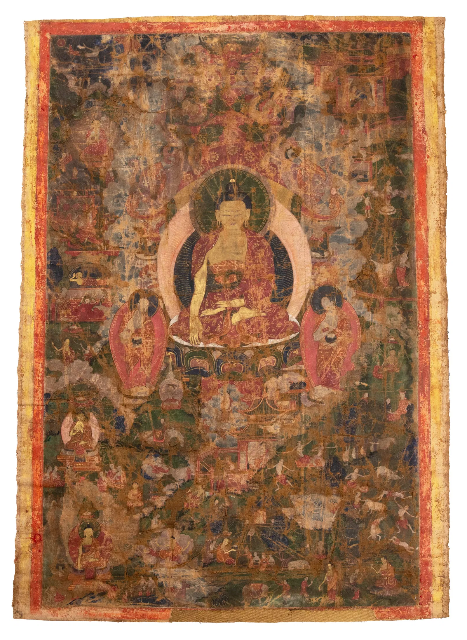 A TIBETAN THANGKA FEATURING BUDDHA SHAKYAMUNI, 18/19TH CENTURY.
