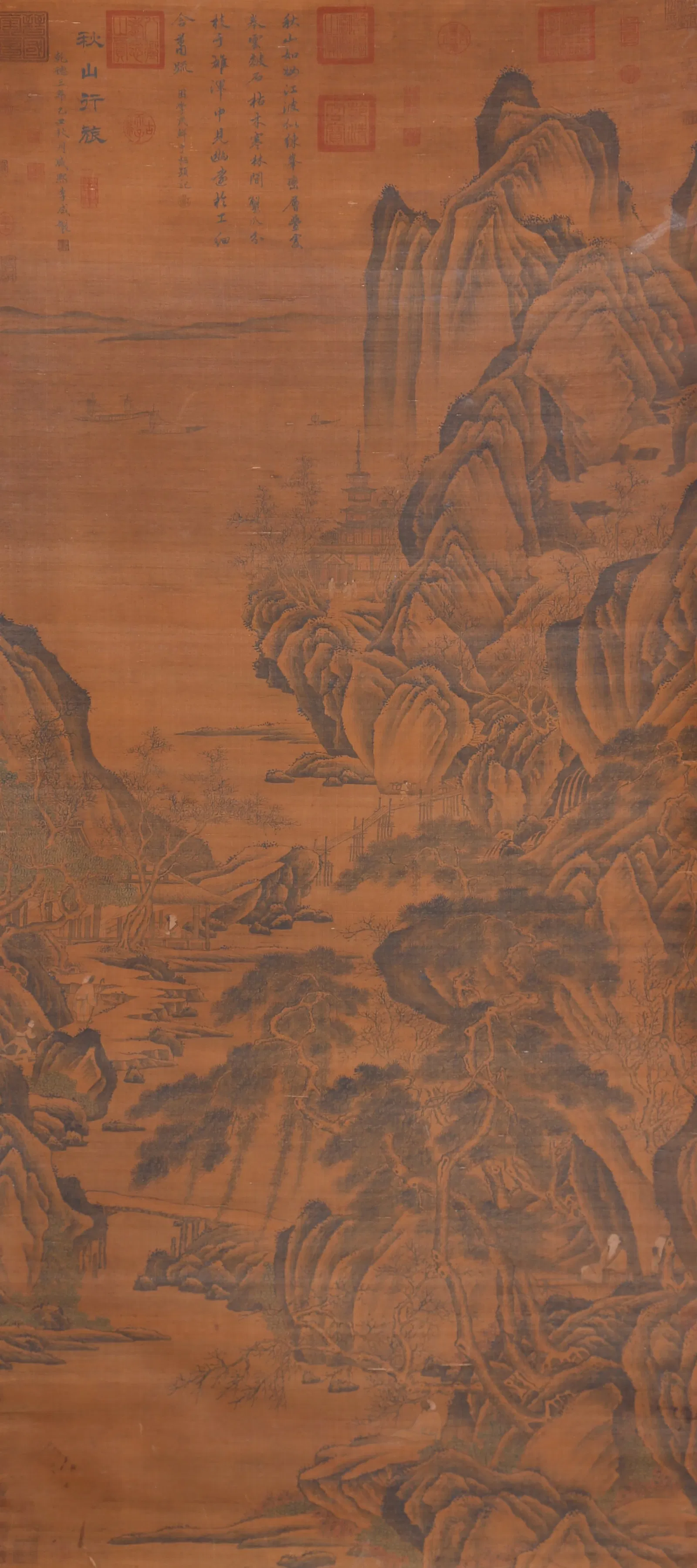 A TRAVELERS IN AUTUMN MOUNTAINS LANDSCAPE PAINTING ON SILK BY LI CHENG.李成
