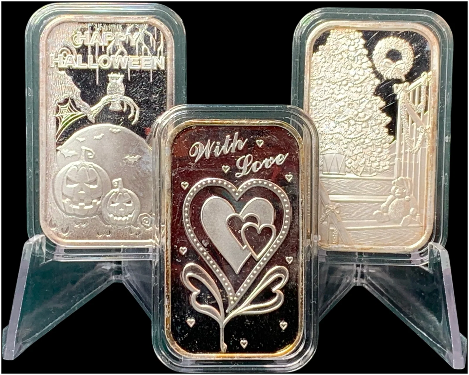 A Trio of SilverTowne 1 oz t .999 Fine Silver Holiday and Gift Bullion Bars